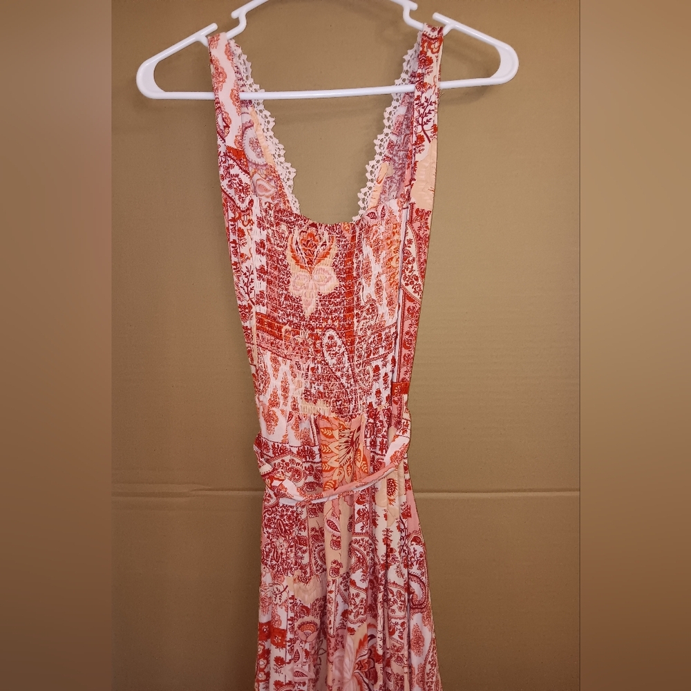 Sky & Sand Women's White Orange Red Dress Belted Large V Neck Stretch - Picture 8 of 11